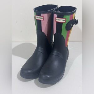Hunter Black Boots with Pink and Green Stripes